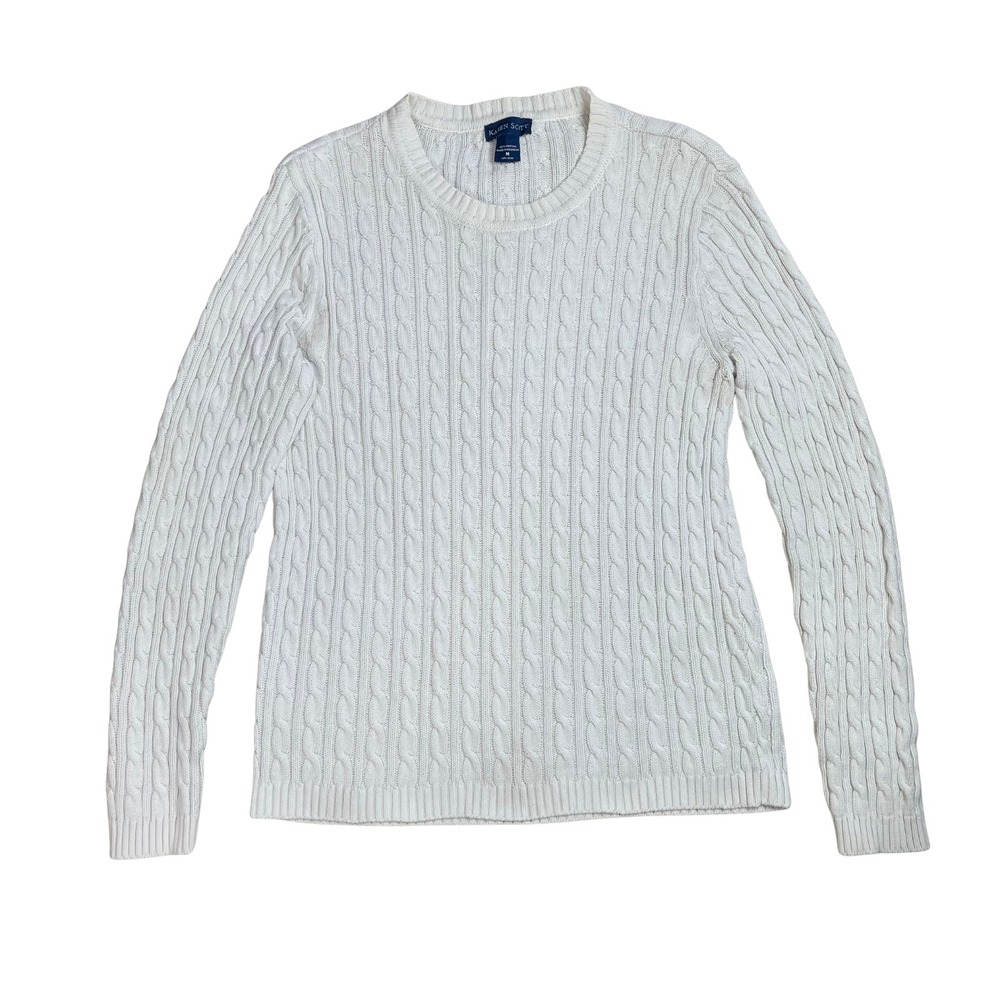 Karen‎ Scott Cable Knit Crew Neck Sweater White Sz M Preppy Cabincore Classic